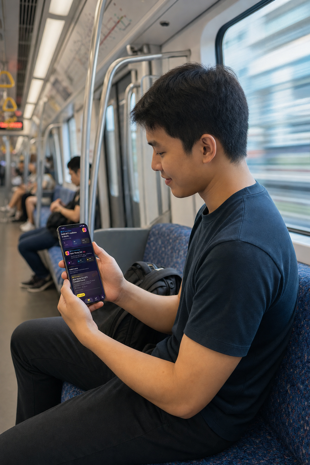 A young learner taking a Vej lesson while riding the Singapore MRT